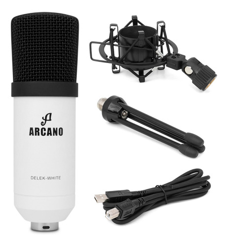 Microfone Condensador Usb Arcano Delek-white C/ Tripé Mesa