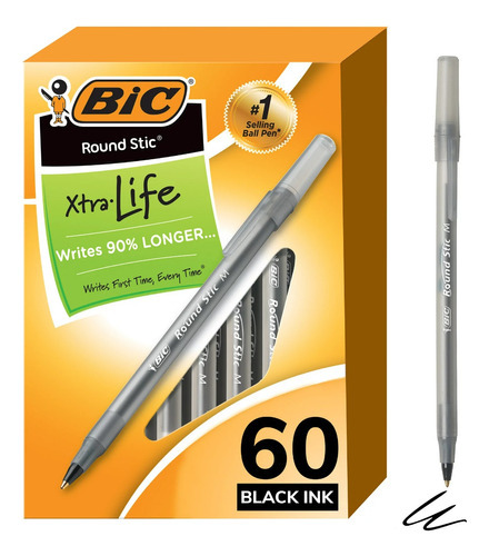 Bolígrafo Bic Round Xtra Life de punta mediana, tinta Cx 60 pulgadas, color negro
