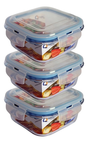 Kit 3 Potes De Vidro Hermético 520ml 4 Travas Quadrado