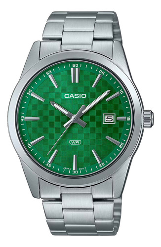 Reloj Casio Hombre Mtp-vd03d-3a1 Fondo Verde Acero Fecha Malla Plateado Bisel Plateado