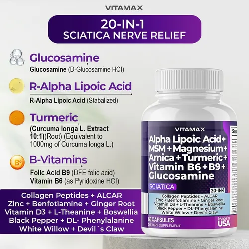 Sciatica Nerve Health Support Cápsulas De Suplemento Para El Nervio Ciático Con Ácido Fólico, Guisante, Glucosamina,