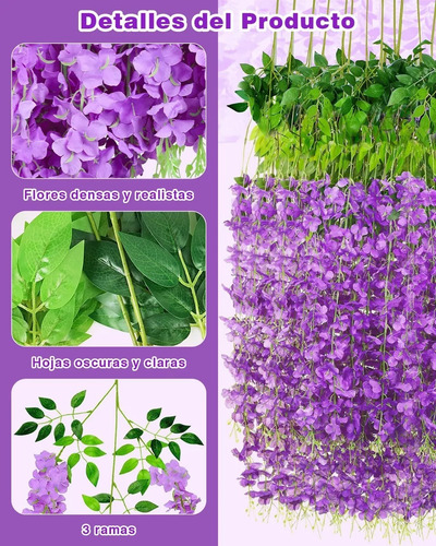 24pzs Flores Artificial Wisteria Decoración Fiesta Boda 1.1m Lila
