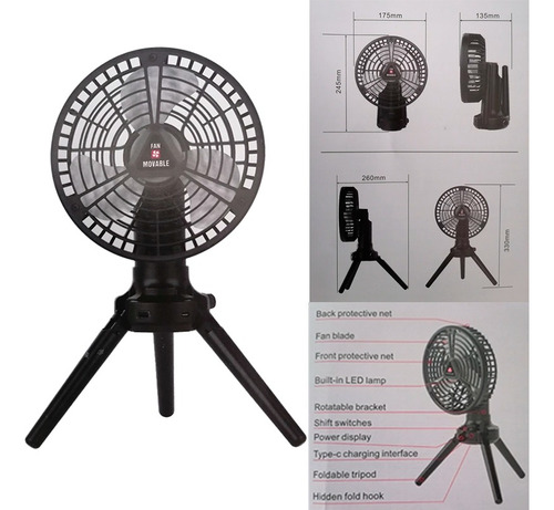 Ventilador De Mesa O Camping Portátil Recargable Con Luz Led