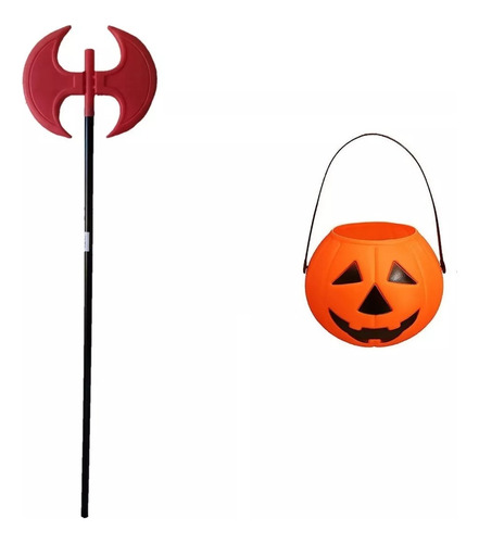 Combo Halloween Canasto Caramelos Calabaza Y Hacha Demonio