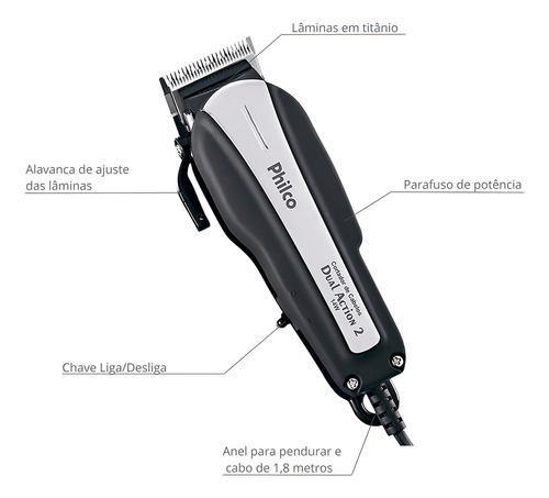 Cortador De Cabelos Dual Action Titanium 14w Philco 110v Preto