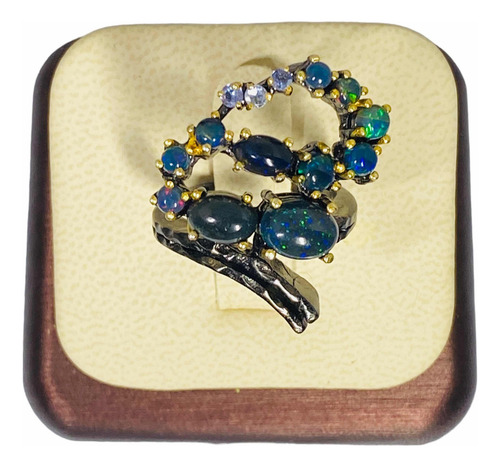 Anillo Plata 925 Opalo De Fuego Etiope Negro Genuino 6,1 Ct.