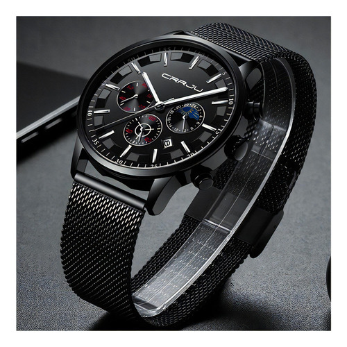 Reloj de cuarzo cronógrafo impermeable de lujo Crrju, color de fondo negro/plateado