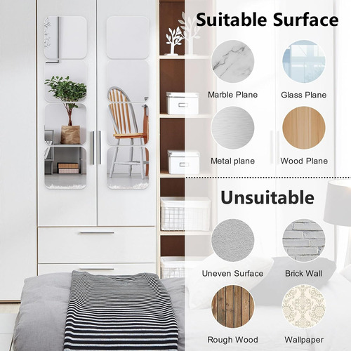 AmasSmile Paquete 6 espejos pared longitud completa, Hogar Decorativos Inastillable espejo acrílicos 25cm, láminas de espejo plástico flexible inastillables para dormitorio, hogar, puerta de gimnasio