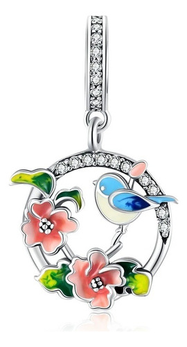 Charm Dije  Pajarito Colgante Con Flores 100% Plata .925