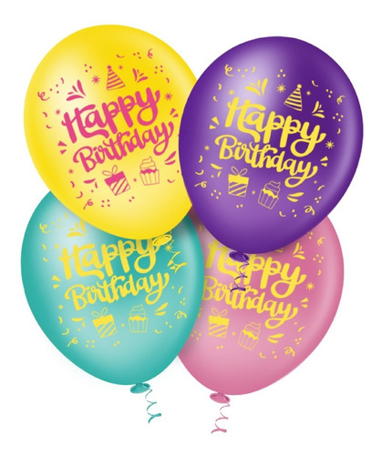 Balão - Bexiga Happy Birthday Sortido - 25 Unidades