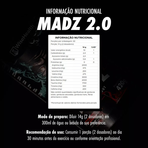 Pré-treino Madz 2.0 (420g) - Com Beta Alanina - Wisehealth Sabor Frutas Vermelhas