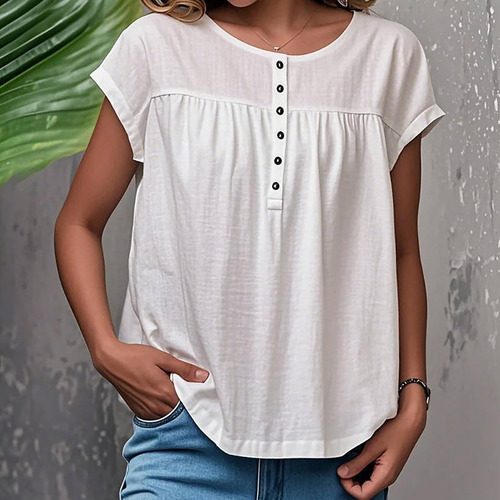 Camisa Casual Transpirable Con Botones Lisos Para Mujer, Cue