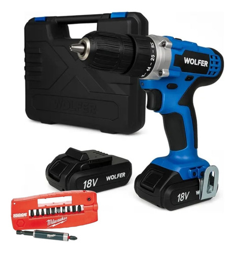 Taladro Percutor Atornillador Inalambrico 18v Wolfer +puntas