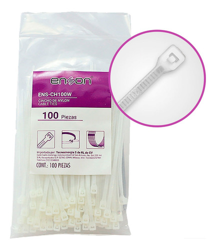 Cincho Plástico 10cm Blanco 100 Piezas Ens-ch100w Enson