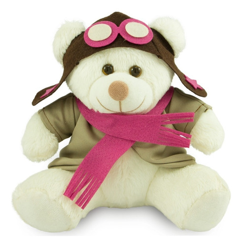 Ursinho De Pelúcia Aviador 25cm Decoração Anti-alérgico Cor Baunilha/pink