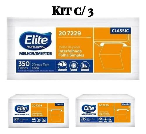 Kit 3 Papel Toalha Elite Folhas Simples Classic Interfolhado