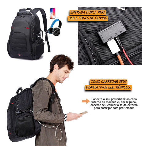Mochila Executiva Reforçada Alça Cabo De Aço C/ Cadeado 40 Litros Masculina Bange Premium Para Notebook 17,3 Polegadas Viagem Bordo Impermeável Cor Preto