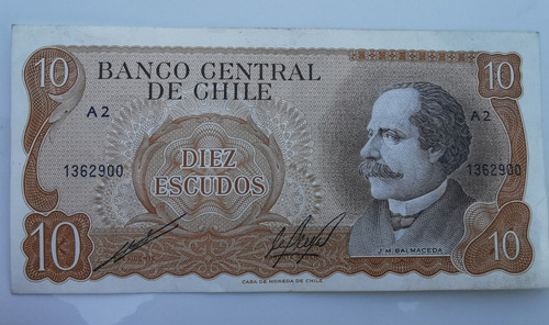 Billete Antiguo A2 ~ 10 Escudos Chile Cano-molina 