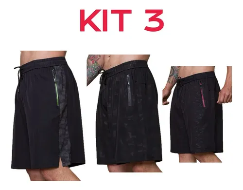 Kit com 3 Bermudas Tactel Poliéster Com Zíper