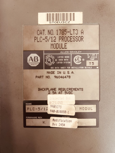 Módulo Cpu Processador Plc -5/12 1785lt3 A Allen Bradley (Usado)