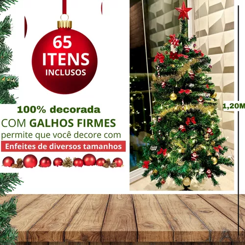 Árvore Natal Branca Decorada 1,20M 65 Enfeites Pisca 220V na