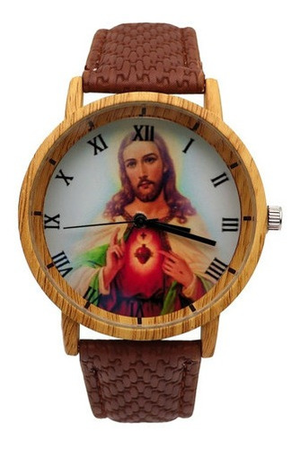 Reloj Jesus Sagrado Corazon Tono Madera + Estuche 