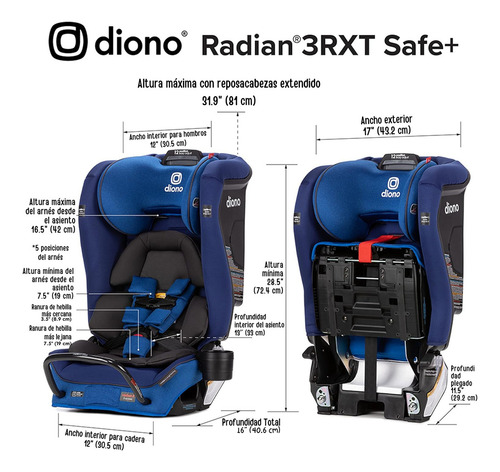 Asiento De Auto Diono Radian 3rxt Safeplus, Convertible De Recién Nacido A 10 Años, Slim 3 En Fila, Barra Anti-rebote, Seguridad Premium, Color Blue Sky