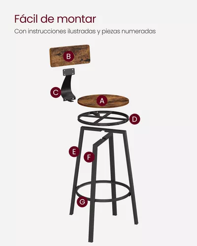 Vasagle Taburete Alto, Juego De 2, Taburetes Altos De Cocina, Con Respaldo,  Estructura De Acero, Asiento De 73 Cm De Altura, Fácil Montaje, Estilo  Industrial, Marrón Rústico Y Negro Mlbc026b01