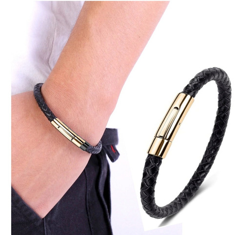 Pulseira Social Lisa Masculina Couro Trançado Fecho Imã Moda