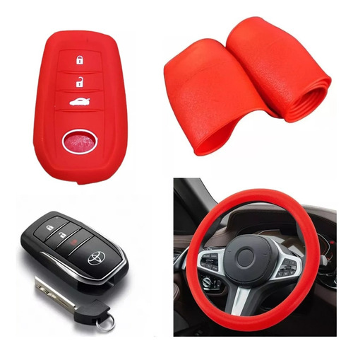 Cubre Volante + Funda Llave Silicona - Toyota 3 Botones Rojo