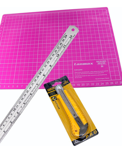 Kit Base Corte A4 Lanmax + Estilete Grande + Régua Aço 30 Cm