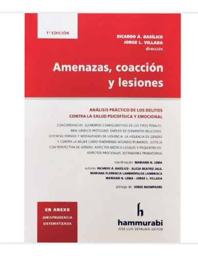 Amenazas, Coaccion Y Lesiones, De Ricardo Basilico. Editorial Hammurabi, Tapa Blanda En Español, 2023