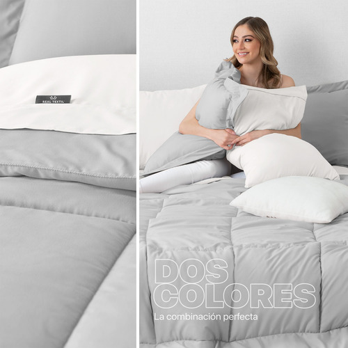 Set Edredón Queen Size + Fundas + Sábanas 7 Pzas Real Textil Gris-blanco