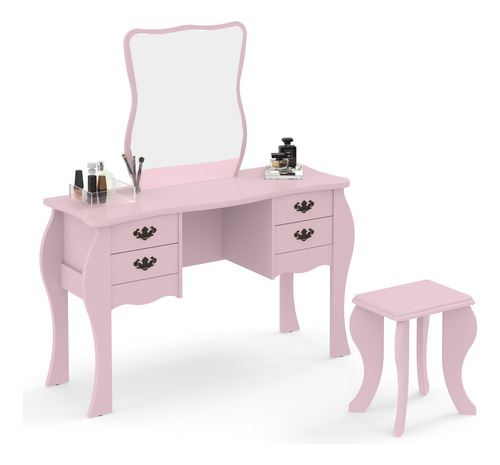 Tocador Camarin Y Banco Maquillador 4 Cajones 100%mdf Rosa