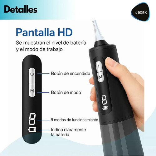 Irrigador Dental Eléctrico Jazak / Linea Profesional / Con 4 Boquillas + Cepillo De Dientes / Giro 360° / Presión Ajustable / Ipx7 / Portátil / Higiene Bucal / Limpieza Interdental / Cuidado Encías