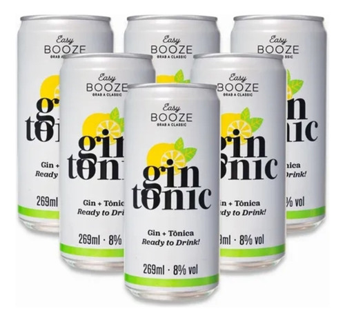 6x Drink Pronto Easy Booze Gin+tônica Lata 269ml