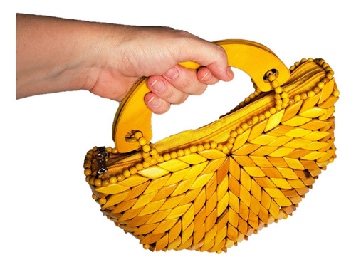 Bolsa Artesanal Peças Madeira Envernizada Amarela, Meia Lua