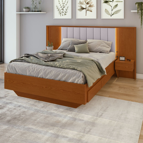 Cama Casal 140cm Com Usb, Usb-c 2 Mesa De Cabeceiras Wt