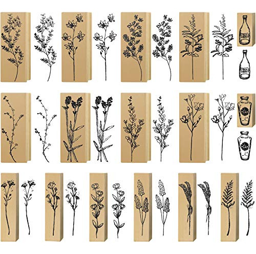 16 Pieces Vintage Wood Rubber Stamps Flower And Plant D...