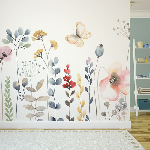 Papel De Parede Painel Floral Aquarela 4 Rolos - 6m²