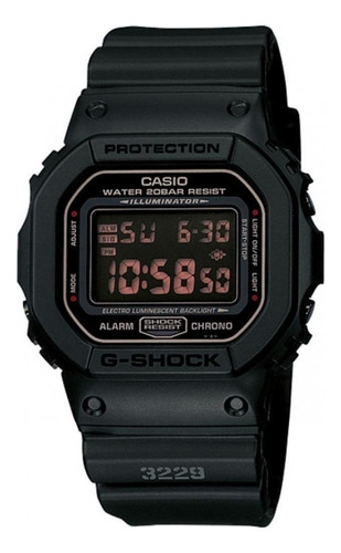 Reloj de pulsera Casio G-Shock DW5600 de cuerpo color negro, digital, fondo negro, con correa de resina color negro, dial salmón, minutero/segundero salmón, bisel color negro, luz azul verde y hebilla simple