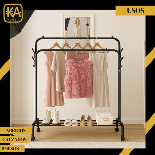 Perchero Doble Móvil Ruedas 360 Hogar Ropa Zapatos Color Negro Koabit
