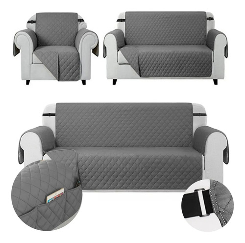 3pzs Cubre Sala Sofá Espesado Funda Sillón Con Bolsillo Color Gris Rayas