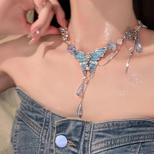 Collar De Mariposa De Cristal, Cadena De Clavícula Azul Para