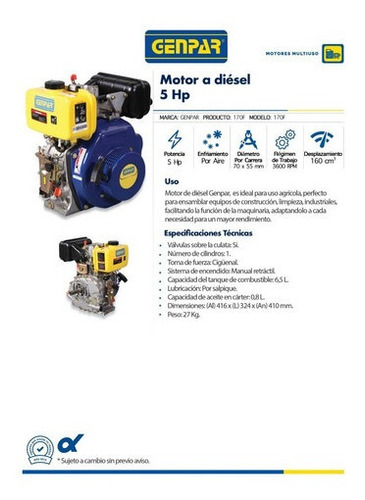 Motor Agrícola Diesel 5hp Eje Std 1 3600 Rpm Genpar Drop