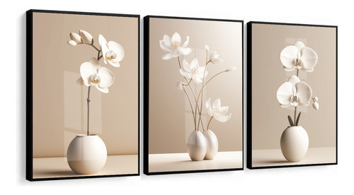 Quadro Decorativo Moderno Pôster Orquídea Flor Bege Vidro