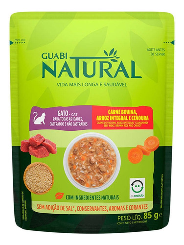 Ração Úmida Gato Guabi Natural Carne Arroz Cenoura Sachê 85g