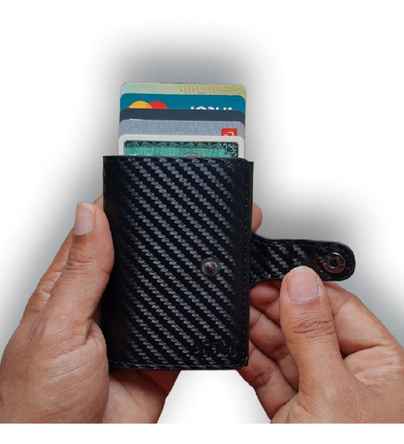 Carteira Porta Cartões Crédito Anti Furto Roubo Rfid Nfc Aut Cor Preto Fibra Com Botão