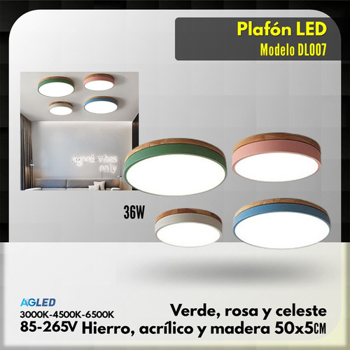 Plafon Led 36w Verde 3k-4k-6k 50x5cm Hi-acril Madera Dl007