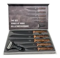 Comprar Set De 5 Cuchillos Mango De Madera + Pelador Juego Cuchillos Color Negro\u002Fmadera